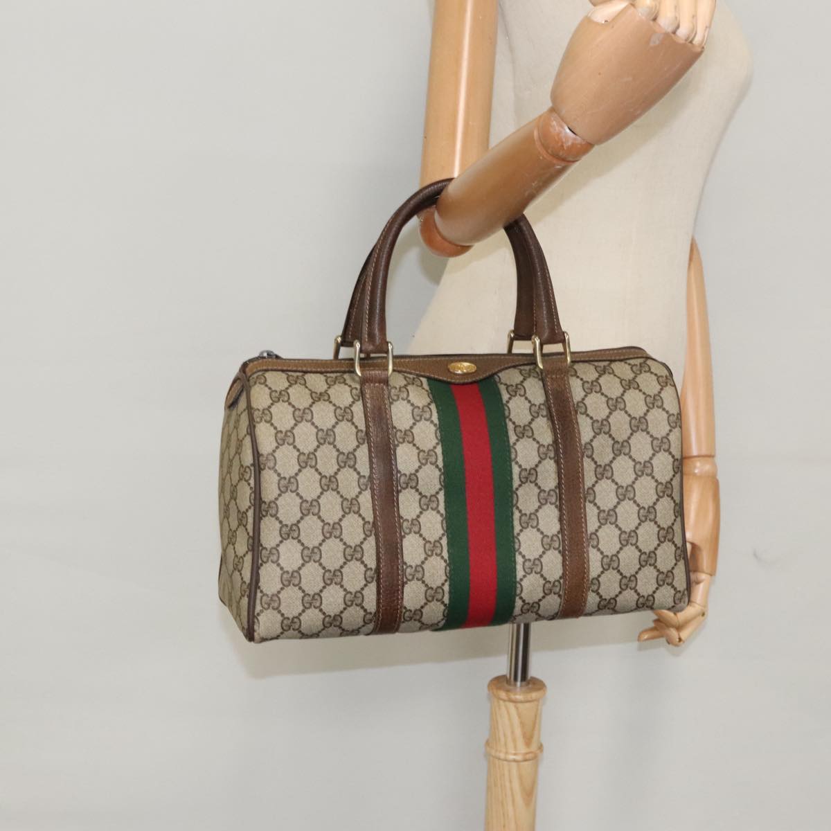 GUCCI GG Supreme Web Sherry Line Boston Bag PVC Beige Red Green Auth mr632