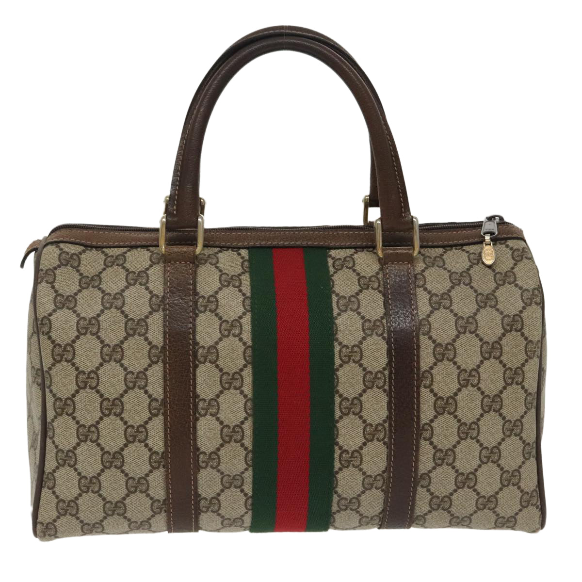 GUCCI GG Supreme Web Sherry Line Boston Bag PVC Beige Red Green Auth mr632 - 0