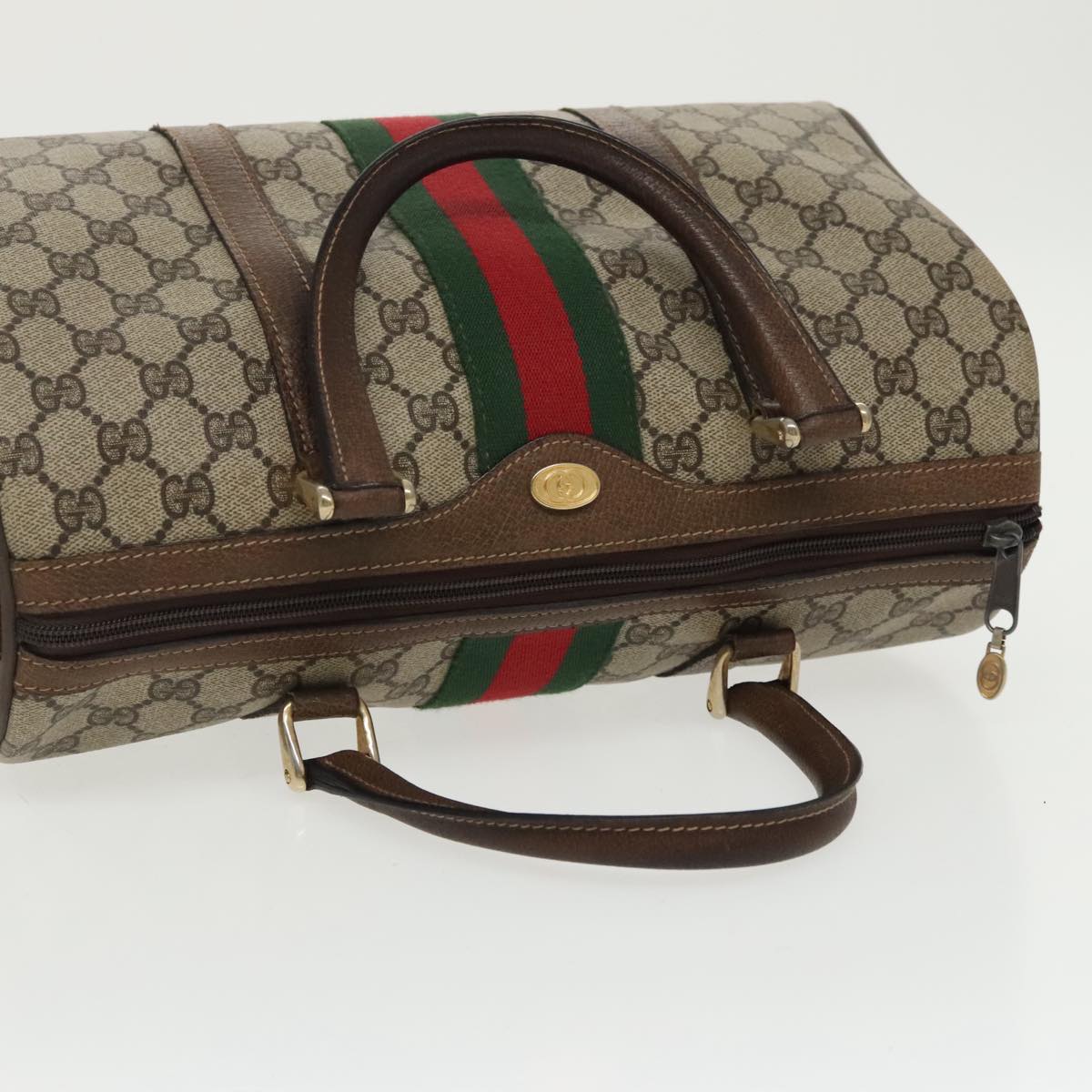 GUCCI GG Supreme Web Sherry Line Boston Bag PVC Beige Red Green Auth mr632