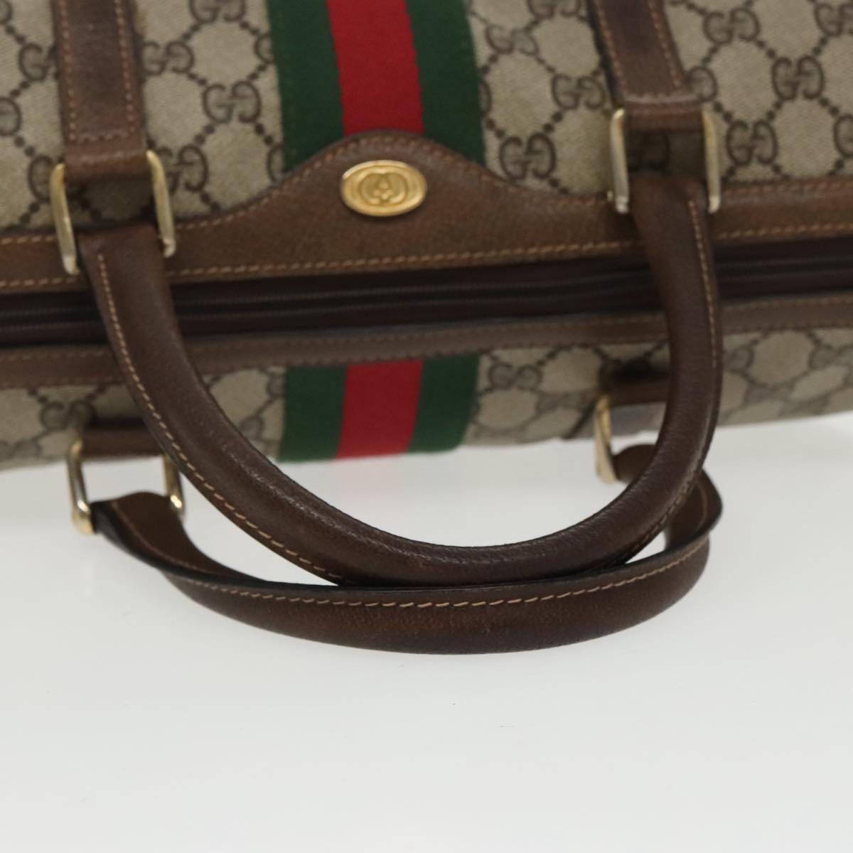 GUCCI GG Supreme Web Sherry Line Boston Bag PVC Beige Red Green Auth mr632