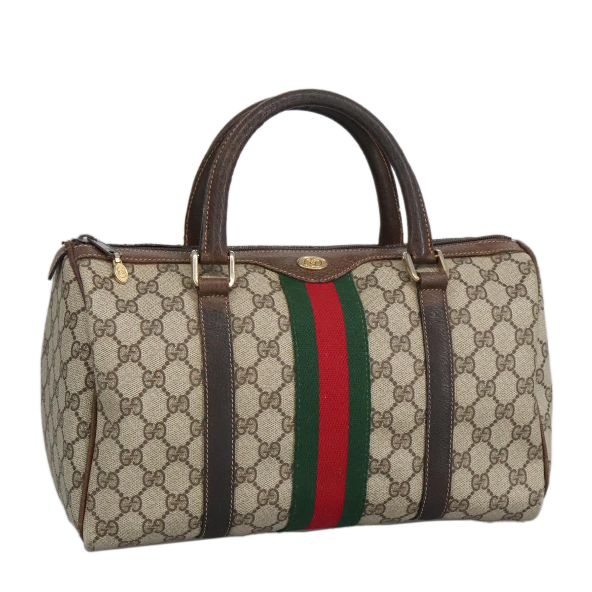 GUCCI GG Supreme Web Sherry Line Boston Bag PVC Beige Red Green Auth mr633