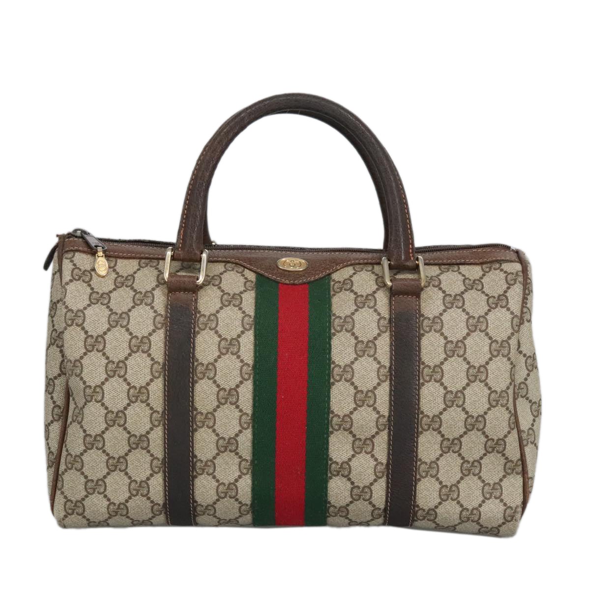 GUCCI GG Supreme Web Sherry Line Boston Bag PVC Beige Red Green Auth mr633