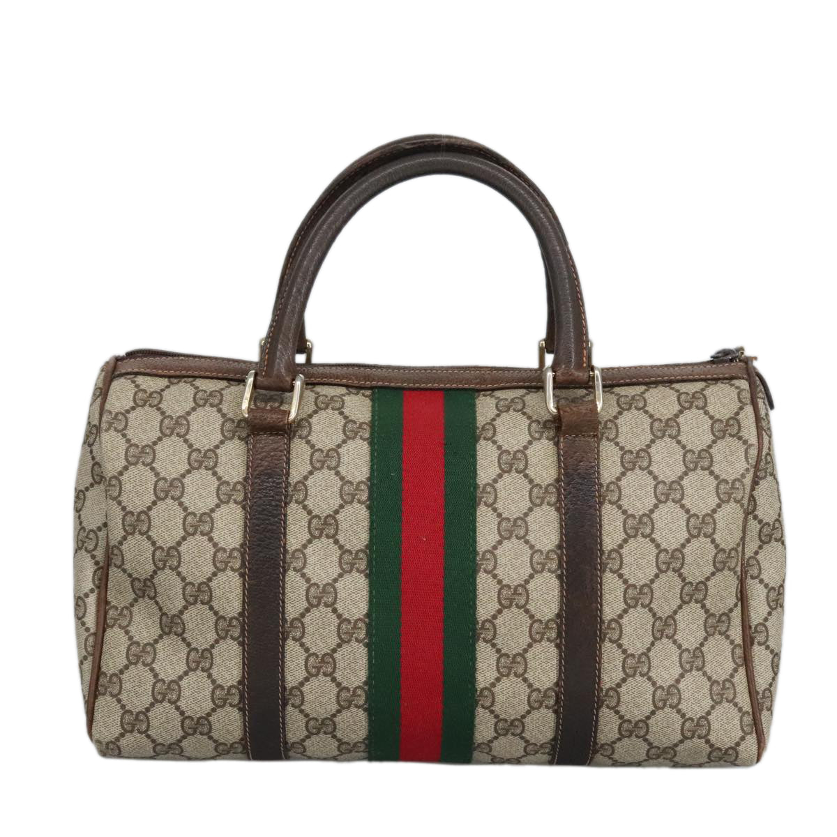 GUCCI GG Supreme Web Sherry Line Boston Bag PVC Beige Red Green Auth mr633 - 0