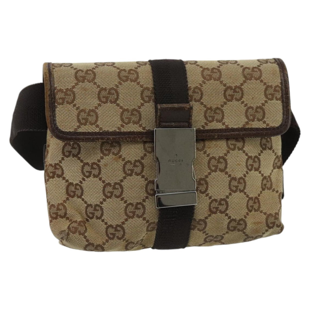 GUCCI GG Canvas Waist bag Beige Silver Auth mr648