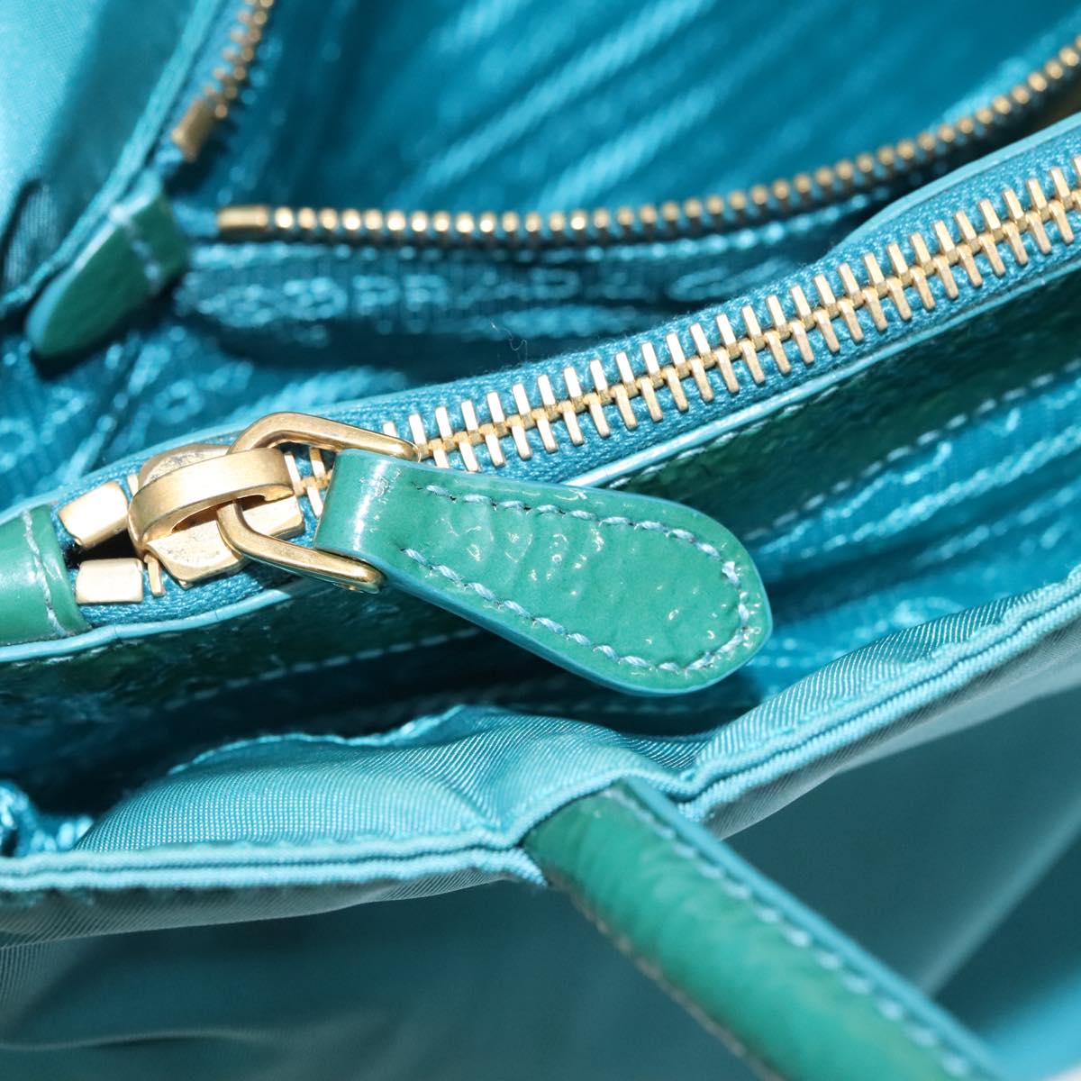 PRADA Tote Bag Nylon Turquoise Blue Gold Auth mr653