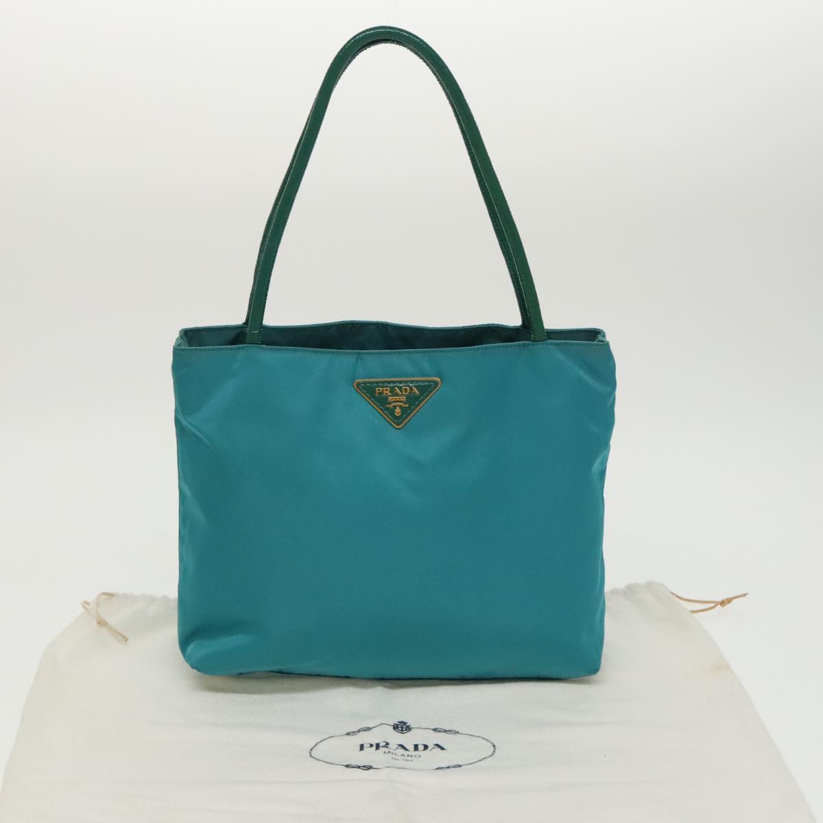 PRADA Tote Bag Nylon Turquoise Blue Gold Auth mr653