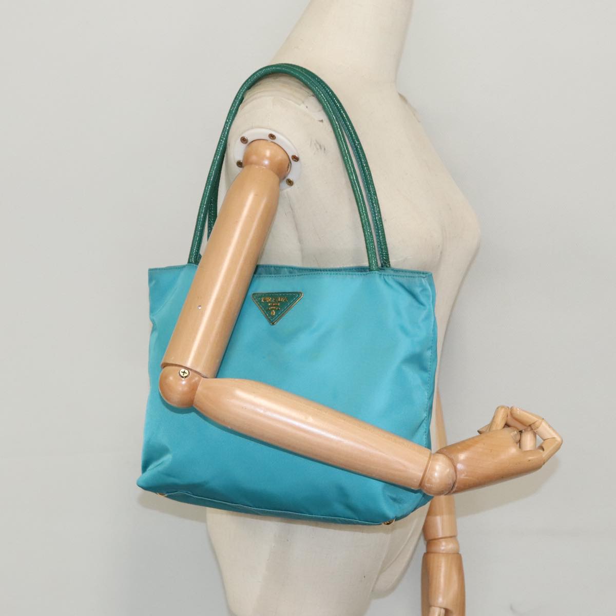 PRADA Tote Bag Nylon Turquoise Blue Gold Auth mr653