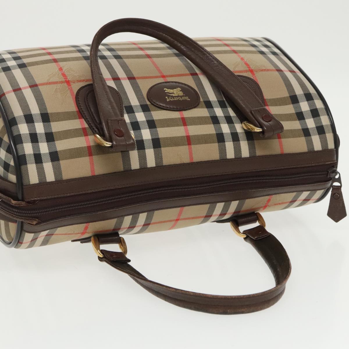 Burberrys Nova Check Boston Bag Canvas Beige Gold Auth mr658