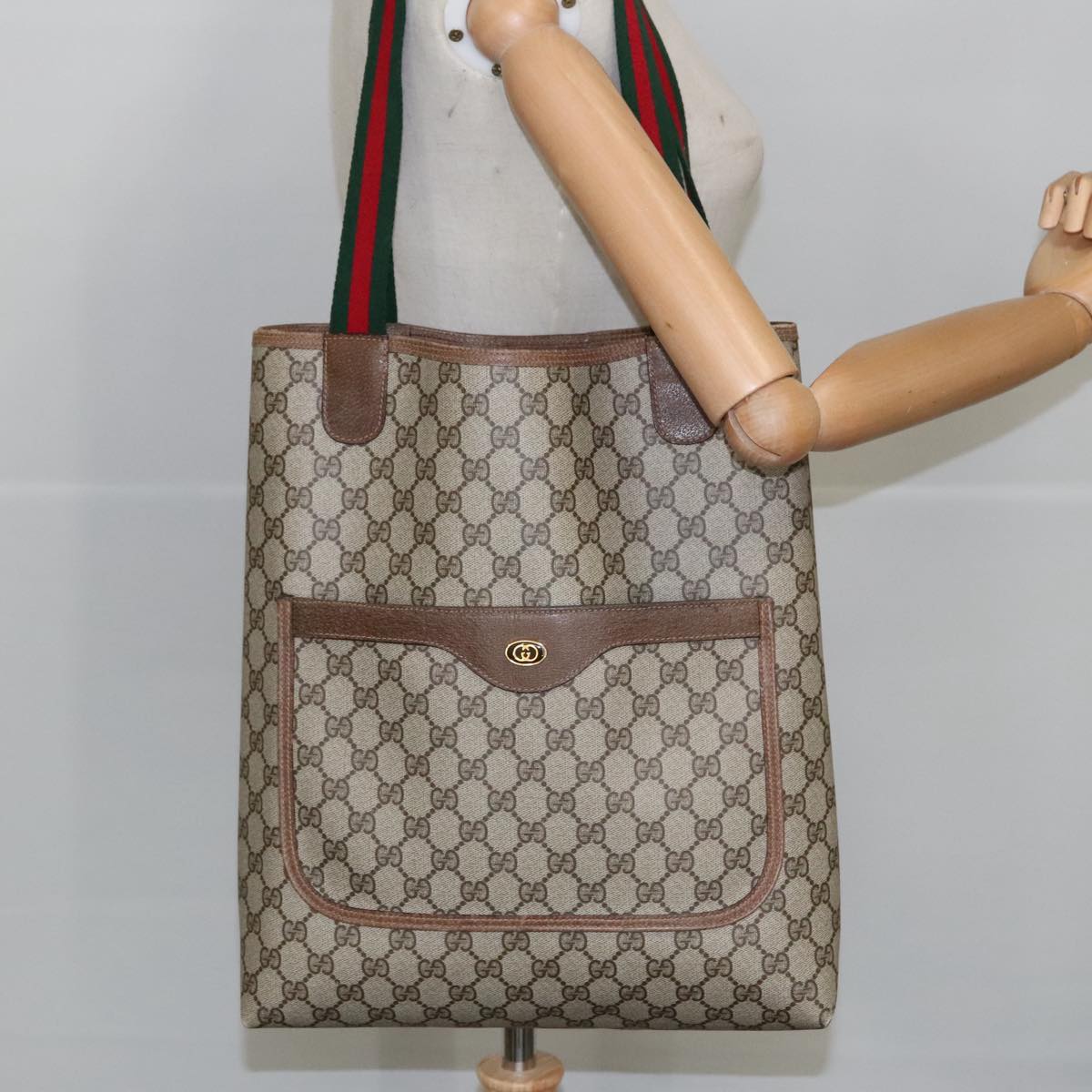 GUCCI GG Supreme Web Sherry Line Tote Bag PVC Beige Red 39 02 003 Auth mr666