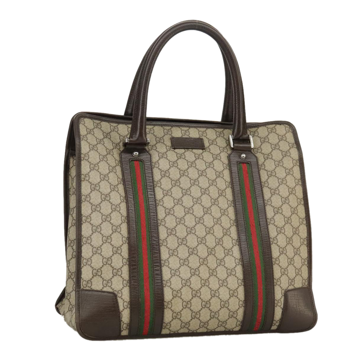 GUCCI GG Supreme Web Sherry Line Tote Bag PVC Leather Beige Green Red Auth mr683