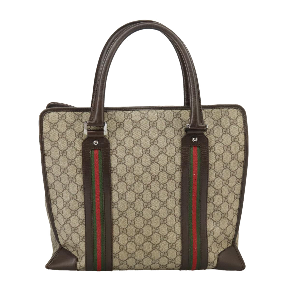 GUCCI GG Supreme Web Sherry Line Tote Bag PVC Leather Beige Green Red Auth mr683 - 0