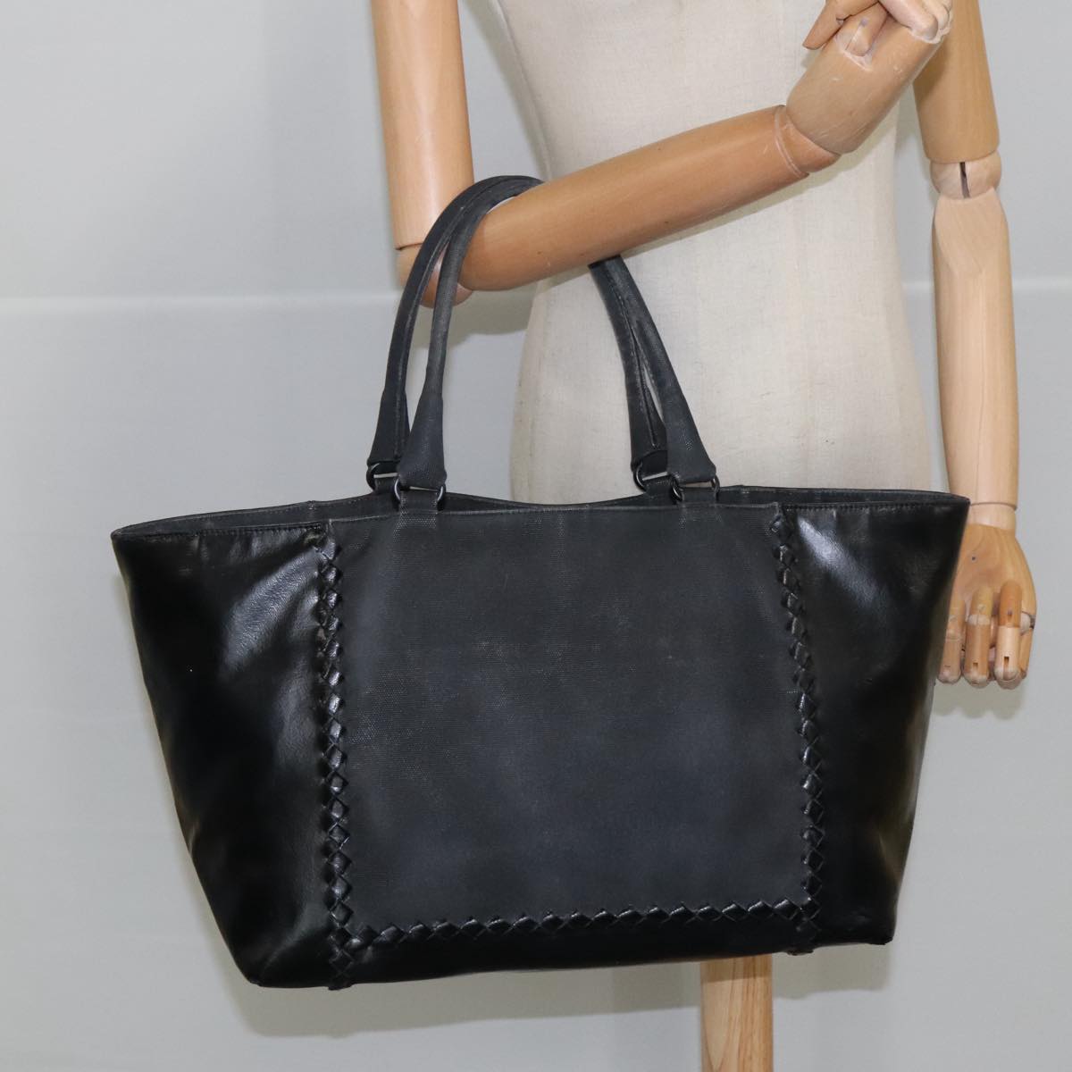 BOTTEGA VENETA INTRECCIATO Hand Bag Canvas Leather Black Auth mr697