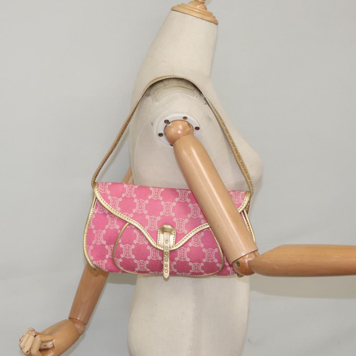 CELINE Paris Macadam Canvas Hand Bag Gold Pink Auth mr699