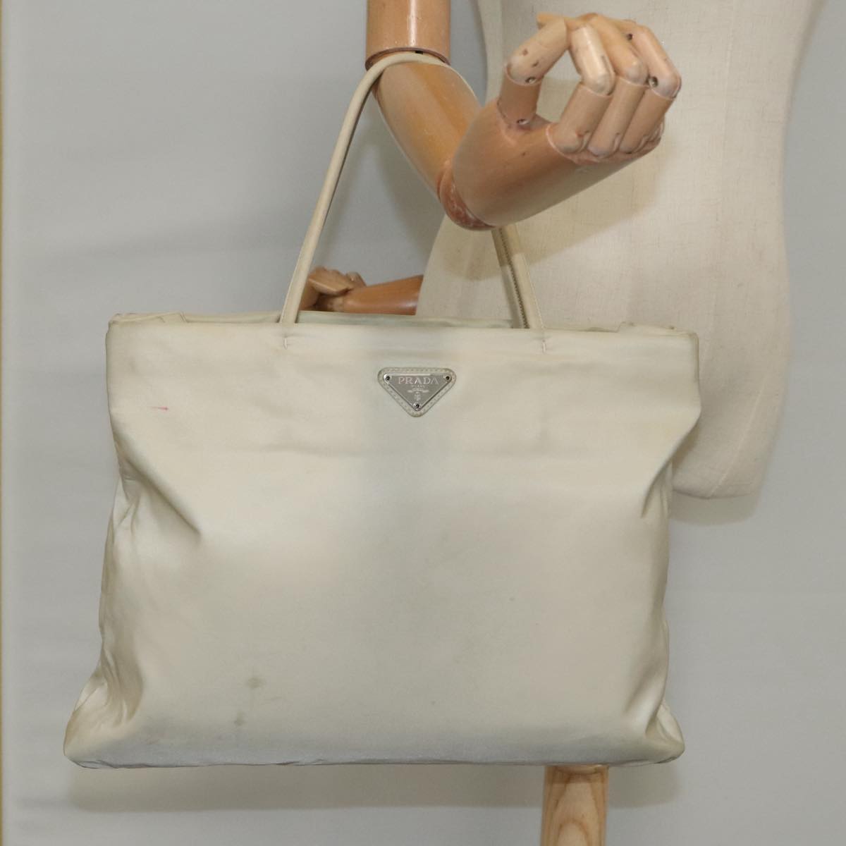 PRADA Tote Bag Nylon Beige Auth mr717