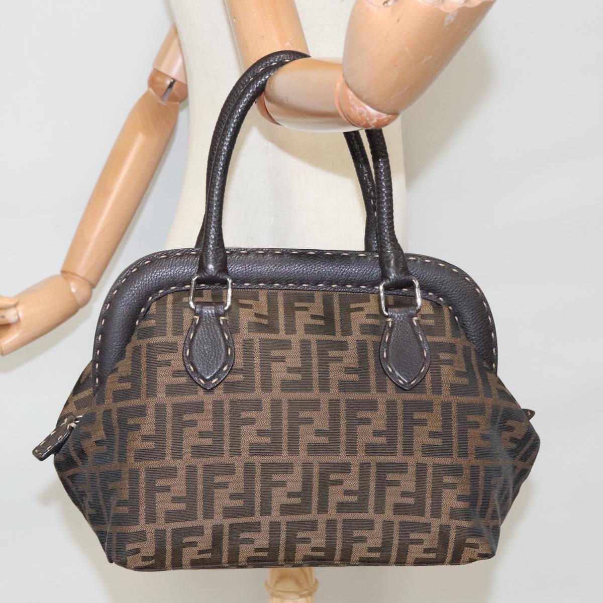 FENDI Zucca Canvas Hand Bag Brown Black 8BN123 Auth mr719