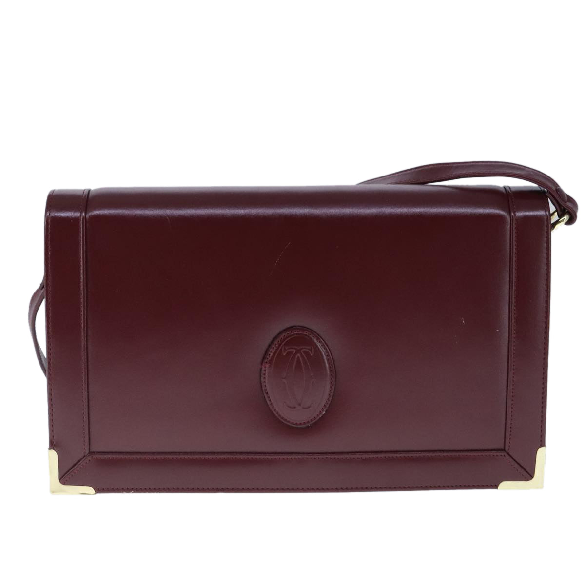 CARTIER Must Line Shoulder Bag Leather Bordeaux Gold Auth mr732