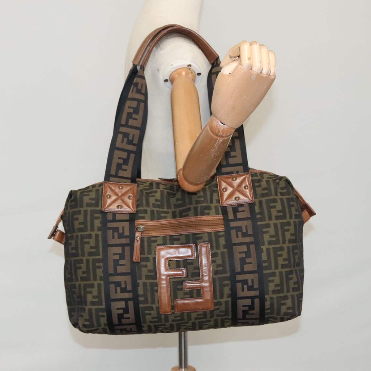 FENDI Zucca Canvas Tote Bag Brown Black Auth mr739