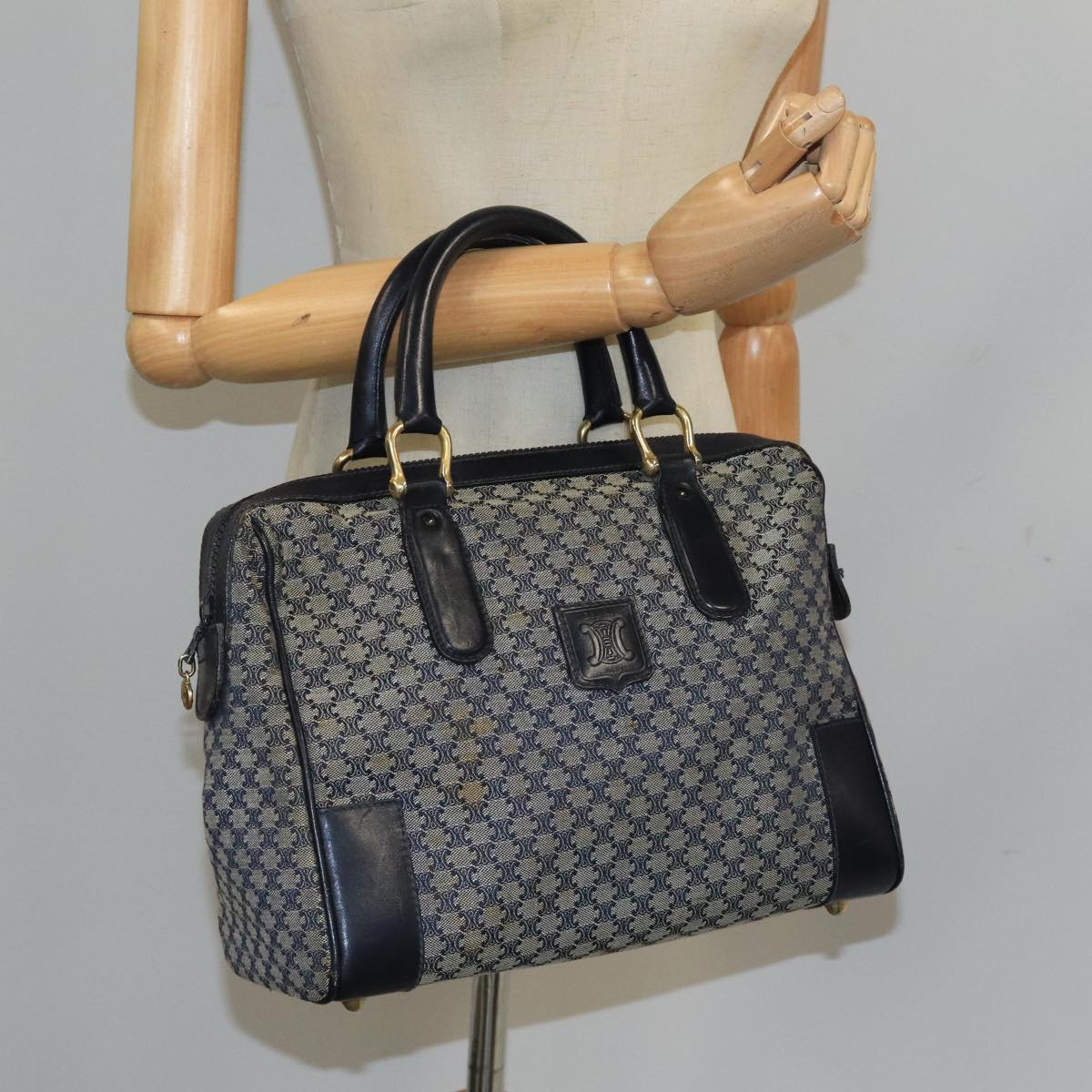 CELINE Macadam Canvas Boston Bag Navy Gold Auth mr767