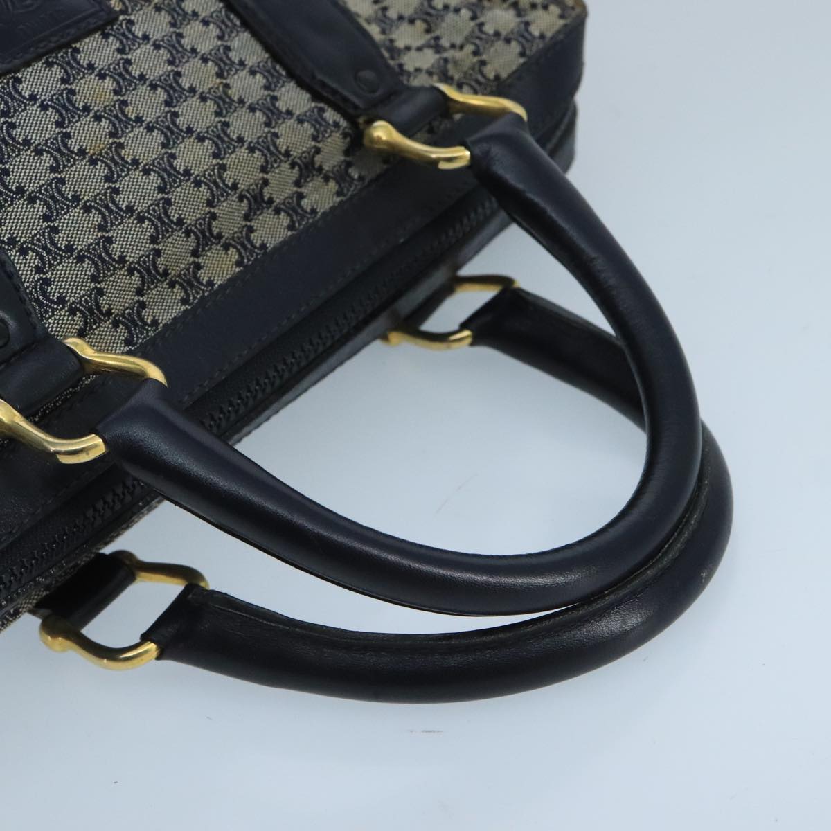 CELINE Macadam Canvas Boston Bag Navy Gold Auth mr767