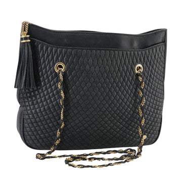 BALLY Chain Tote Bag Leather Black Gold Auth mr918