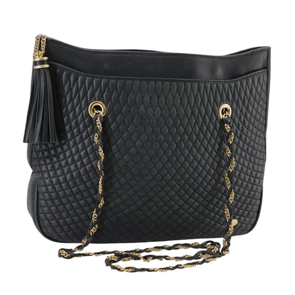 BALLY Chain Tote Bag Leather Black Gold Auth mr918