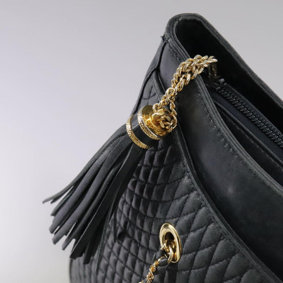 BALLY Chain Tote Bag Leather Black Gold Auth mr918