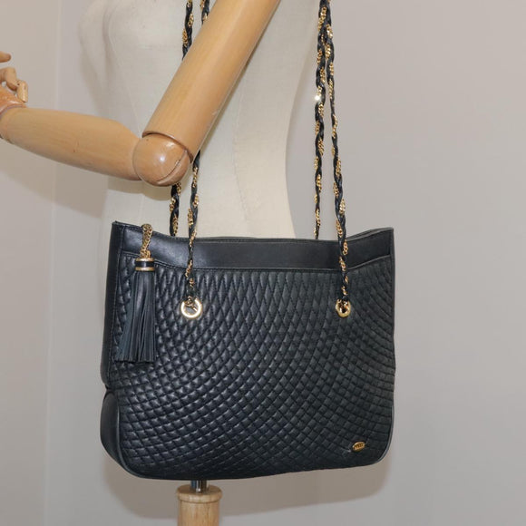 BALLY Chain Tote Bag Leather Black Gold Auth mr918