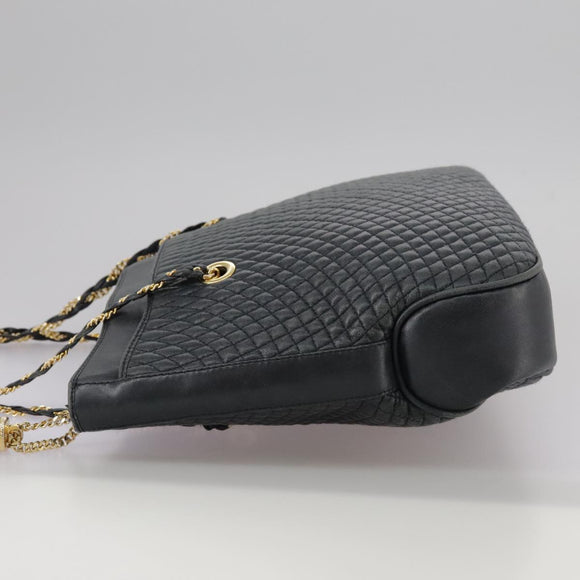 BALLY Chain Tote Bag Leather Black Gold Auth mr918
