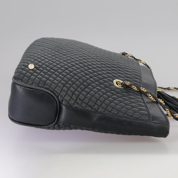 BALLY Chain Tote Bag Leather Black Gold Auth mr918