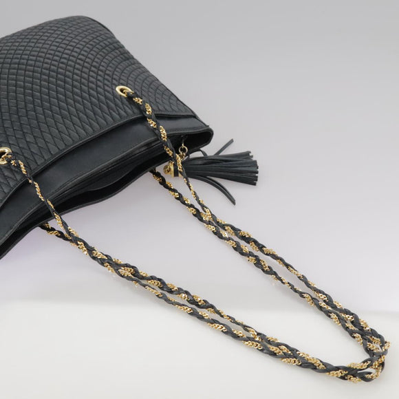 BALLY Chain Tote Bag Leather Black Gold Auth mr918