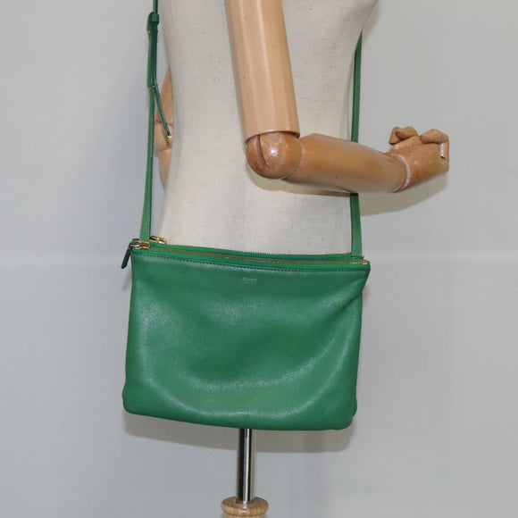 CELINE Trio Shoulder Bag Leather Green Gold Auth mr962