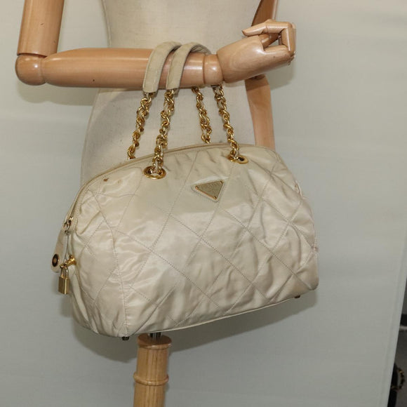 PRADA Chain Hand Bag Nylon Beige Gold Auth mr979