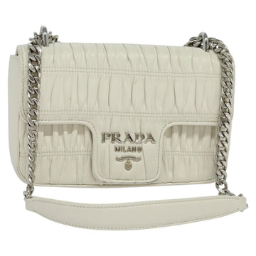 PRADA Gathered Chain Shoulder Bag Leather White Silver Auth mr992