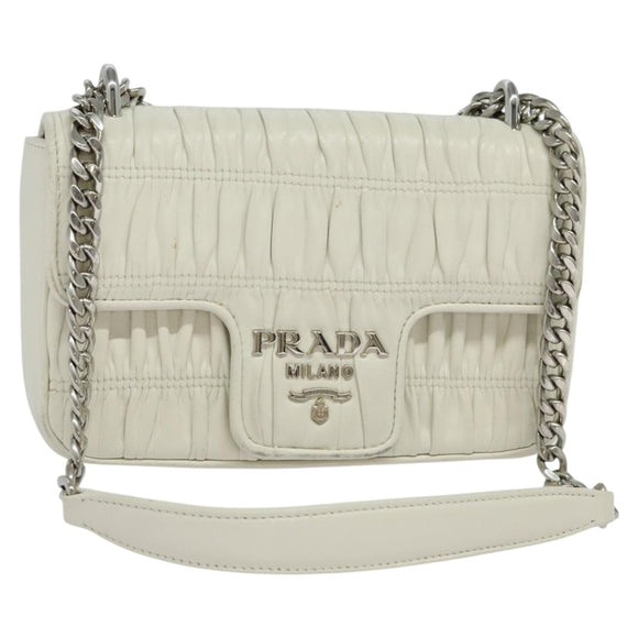 PRADA Gathered Chain Shoulder Bag Leather White Silver Auth mr992