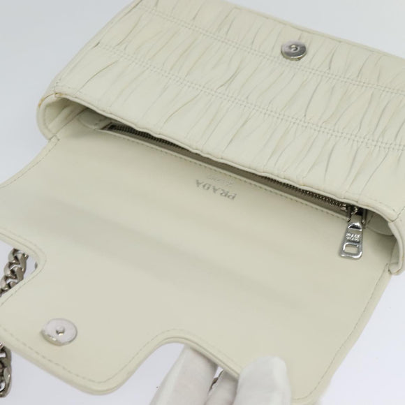 PRADA Gathered Chain Shoulder Bag Leather White Silver Auth mr992