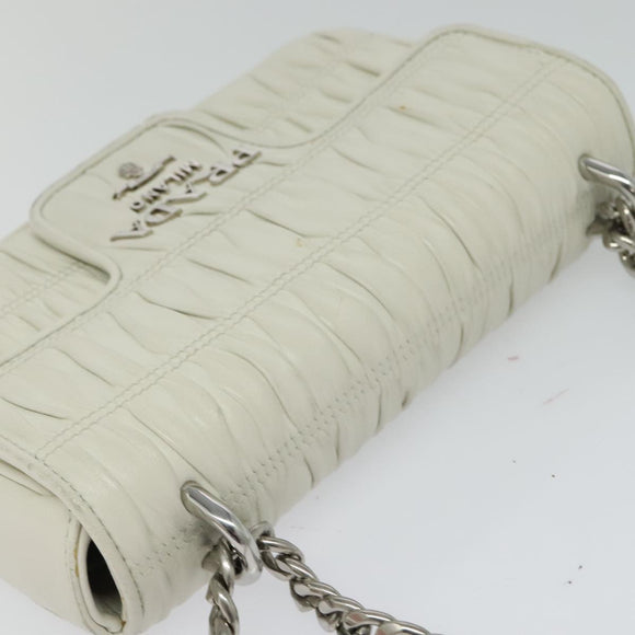 PRADA Gathered Chain Shoulder Bag Leather White Silver Auth mr992