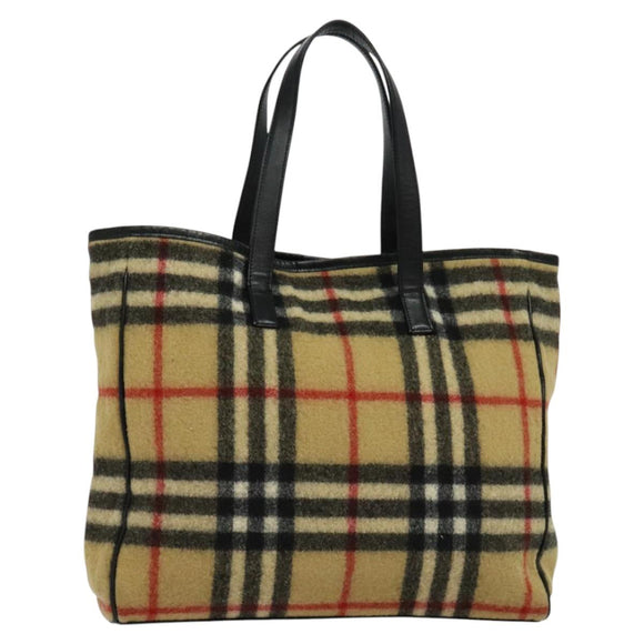 Burberrys Nova Check Blue Label Tote Bag Wool Beige Auth MX157