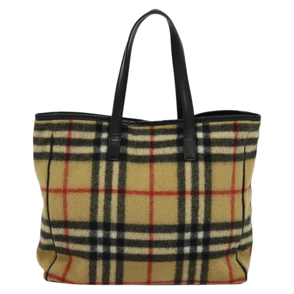 Burberrys Nova Check Blue Label Tote Bag Wool Beige Auth MX157