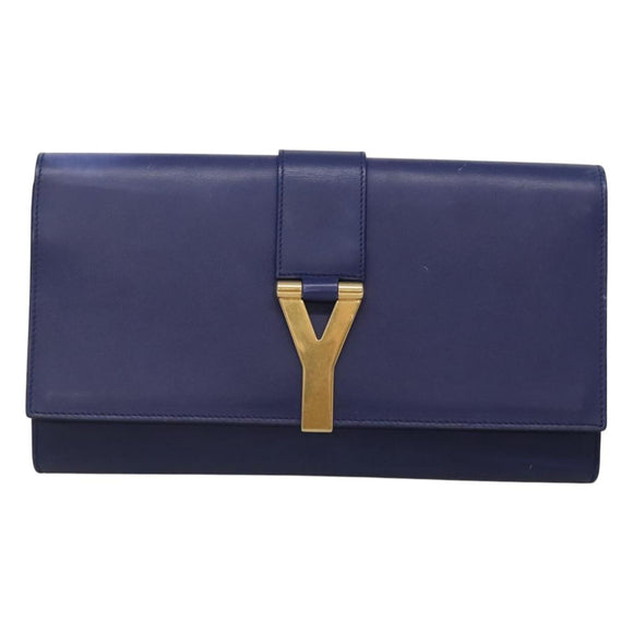 SAINT LAURENT Clutch Bag Leather Blue Gold 311213 Auth MX188