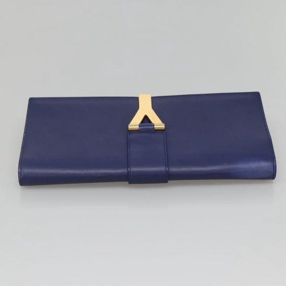 SAINT LAURENT Clutch Bag Leather Blue Gold 311213 Auth MX188