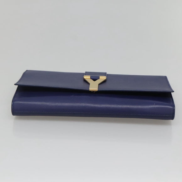 SAINT LAURENT Clutch Bag Leather Blue Gold 311213 Auth MX188