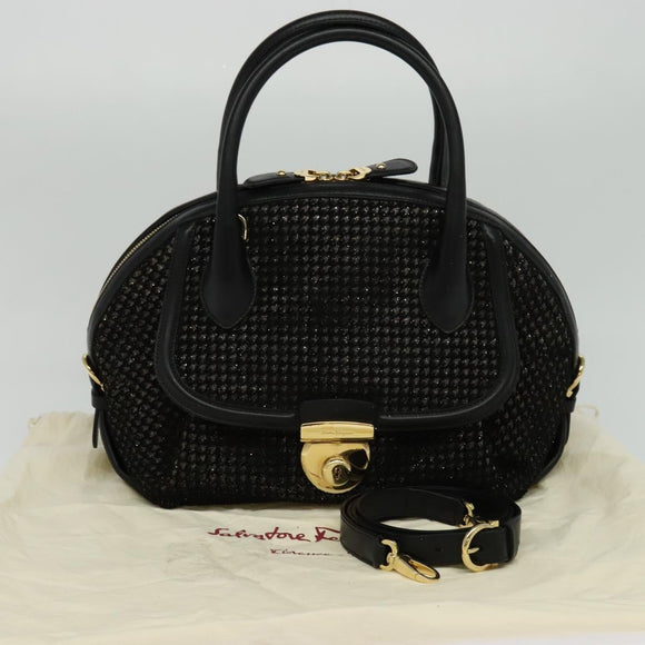Salvatore Ferragamo Hand Bag Leather 2way Black Gold Auth MX189