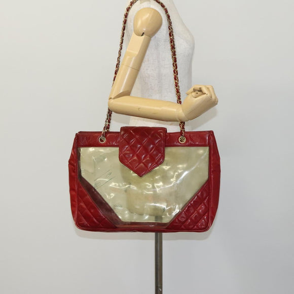 CHANEL Matelasse Chain Shoulder Bag Vinyl Red CC Auth MX212