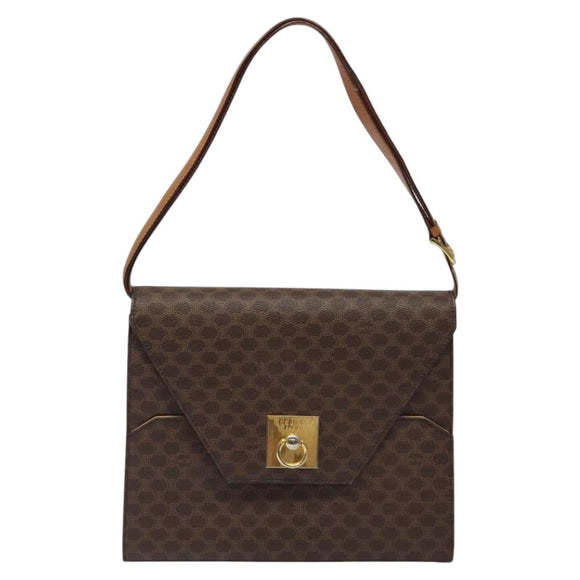 CELINE Macadam Canvas Shoulder Bag PVC Leather Brown Gold Auth MX221