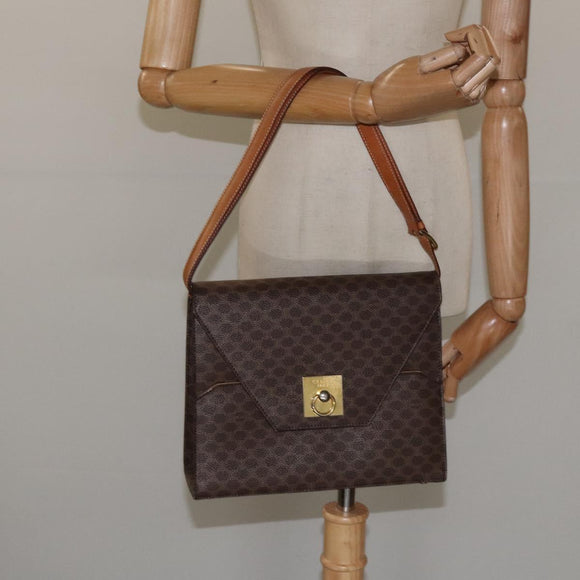 CELINE Macadam Canvas Shoulder Bag PVC Leather Brown Gold Auth MX221