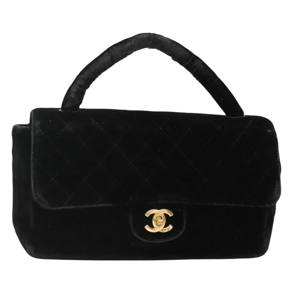 CHANEL Matelasse Hand Bag Velor Black Gold CC Auth MX239