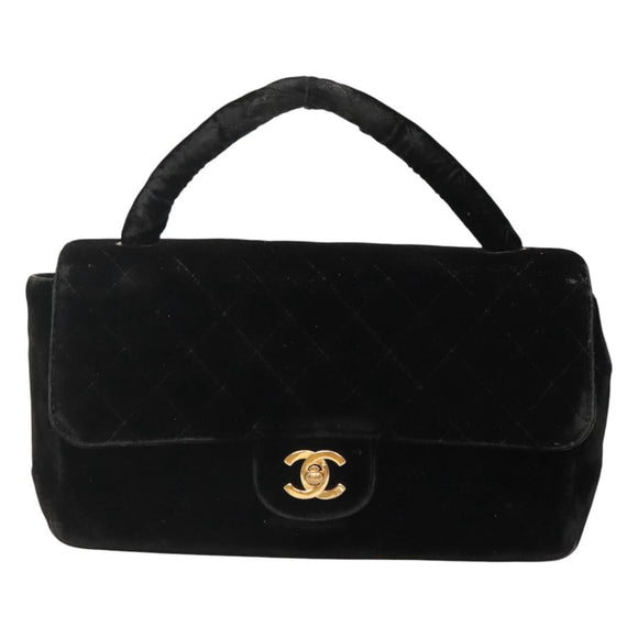 CHANEL Matelasse Hand Bag Velor Black Gold CC Auth MX239
