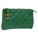 CHANEL Matelasse Pouch Leather Green Gold CC Auth MX240-1