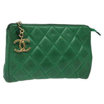 CHANEL Matelasse Pouch Leather Green Gold CC Auth MX240
