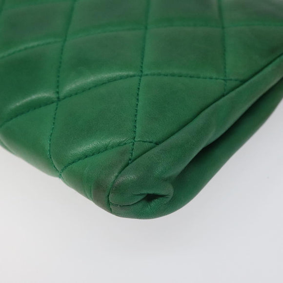 CHANEL Matelasse Pouch Leather Green Gold CC Auth MX240